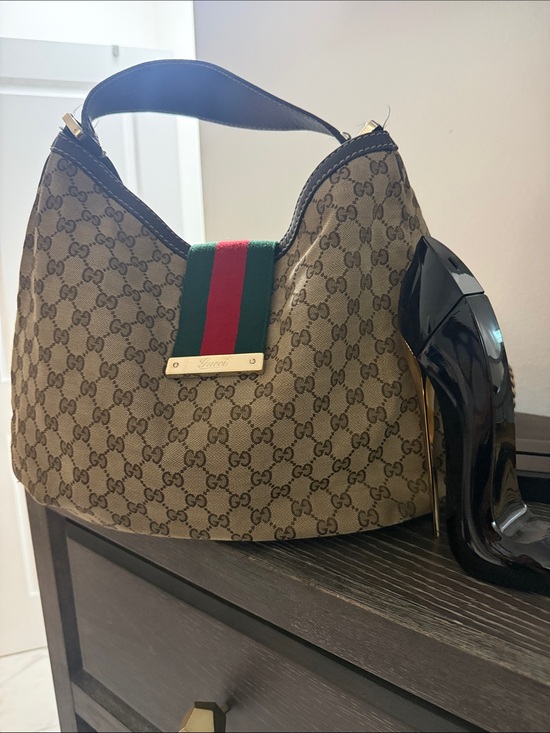 Gucci Handbags - Gucci Beige GG Canvas Shoulder Bag with Green-Red Web Stripe